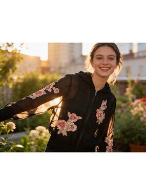 Cecile Black Full-Zip Sheer Cropped  Hoodie Embroidered Floral Appliques Sz S